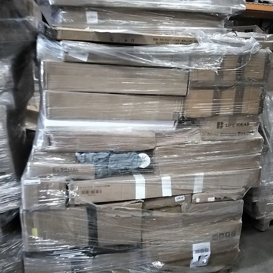 PALLET OF ASSORTED PRODUCTS AND HOUSEHOLD GOODS TO INCLUDE;SHOE RACK,SHOE STORAGE BOX UNIT,GLASS TABLE