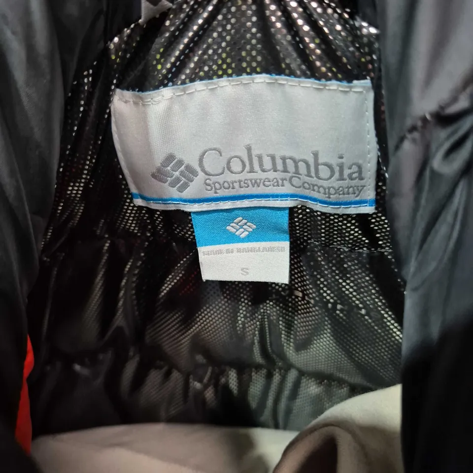 COLUMBIA ORANGE & BLACK PUFFER JACKET WITH HOOD, SIZE S