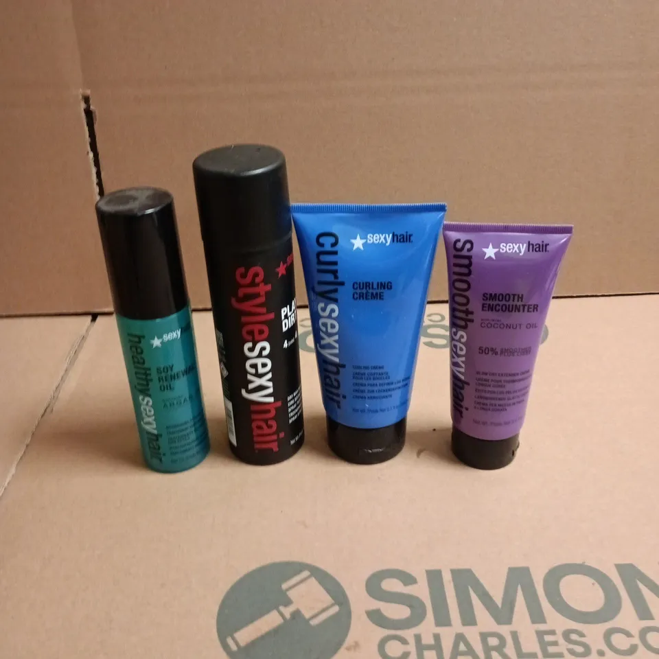 BOX OF APPROXIMATELY 8 SEXY HAIR HAIRCARE PRODUCTS TO INCLUDE CURLING CREME, DRY WAX SPRAY AND SOY RENEWAL OIL SPRAY