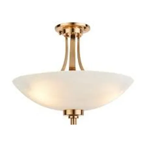 BOXED ENDON WELLES 3 LIGHT SEMI FLUSH AGED BRASS & WHITE GLASS