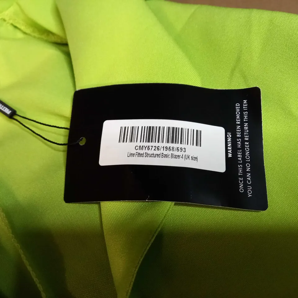 PRETTYLITTLETHING LIME FITTED STRUCTURED BASIC BLAZER - SIZE 4