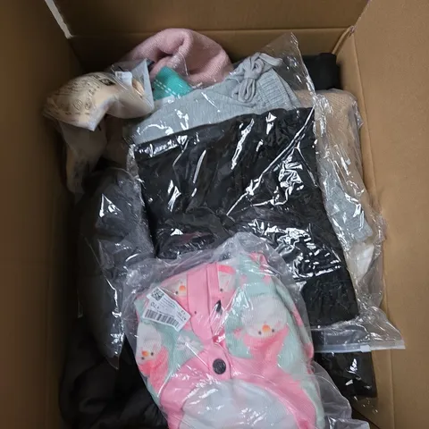 LARGE BOX OF ASSORTED CLOTHING ITEMS IN VARIOUS SIZES, STYLES AND COLOUR 