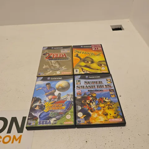 4 X NINTENDO GAMECUBE GAMES: SHREK 2, SUPER SMASH BROS MELEE, VIRTUA STRIKER 3, THE LEGEND OF ZELDA THE WIND WAKER