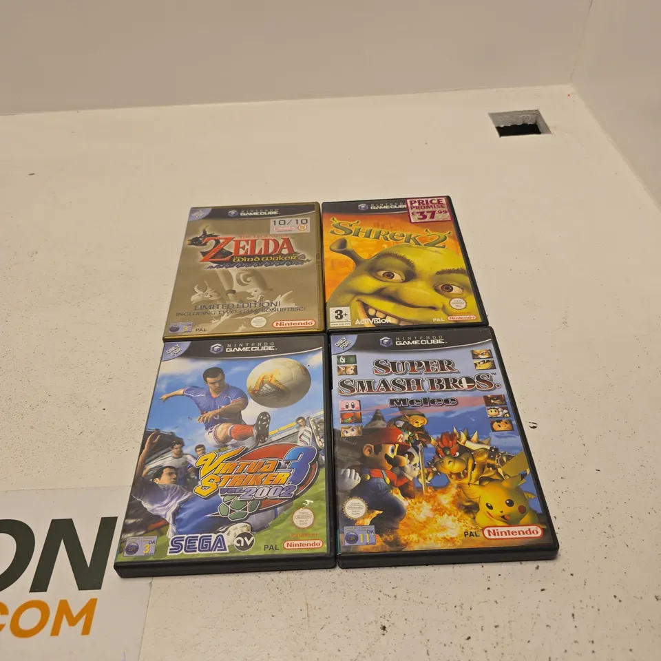 4 X NINTENDO GAMECUBE GAMES: SHREK 2, SUPER SMASH BROS MELEE, VIRTUA STRIKER 3, THE LEGEND OF ZELDA THE WIND WAKER