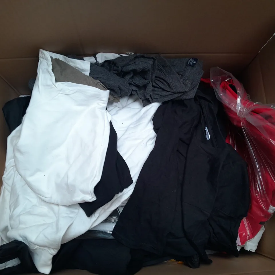 LARGE BOX OF ASSORTED SPORTS CLOTHING ITEMS IN VARIOUS SIZES, COLOURS AND STYLES