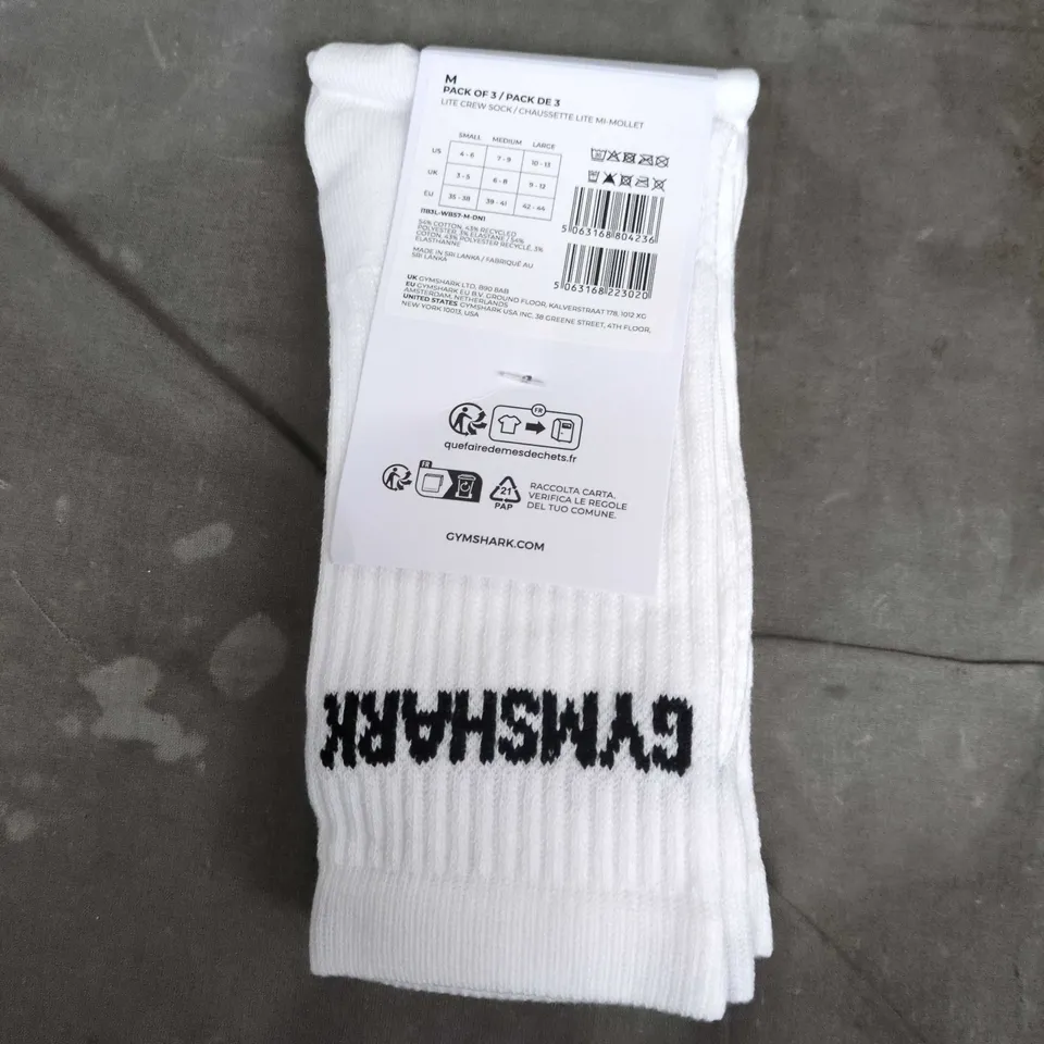 GYMSHARK LITE CREW SOCK 3PK IN WHITE - MEDIUM