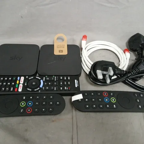 APPROXIMATELY 20 ASSORTED HOUSEHOLD ITEMS TO INCLUDE SKY BOX, REMOTE CONTROLS AND ASSORTED CABLES