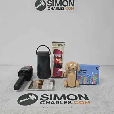 BOX OF APPROXIMATELY 15 ASSORTED ITEMS INCLUDING GEL PENS, ACTIVE BY X-TONE RECHARGEABLE PORTABLE BLENDER AND IJOY AURORA SPEAKER