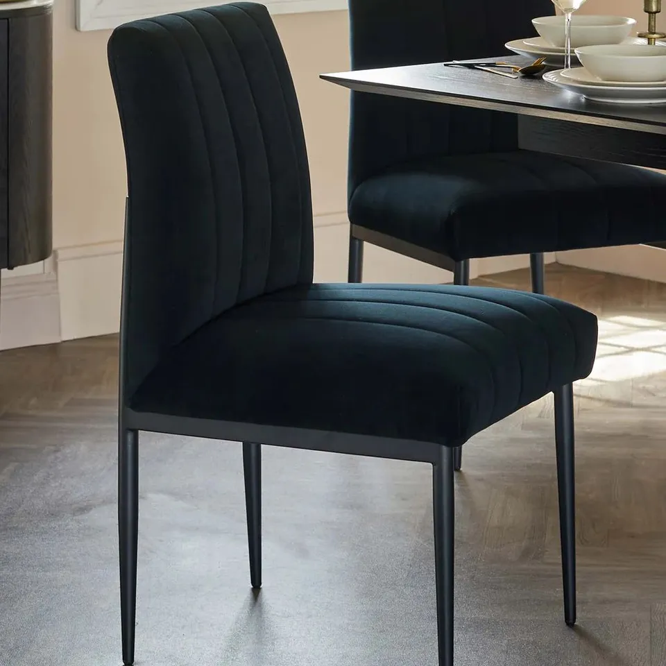 BOXED SET OF 2 DANETTI KENDRA BLACK METAL DINING CHAIRS BLACK CLASSIC VELVET