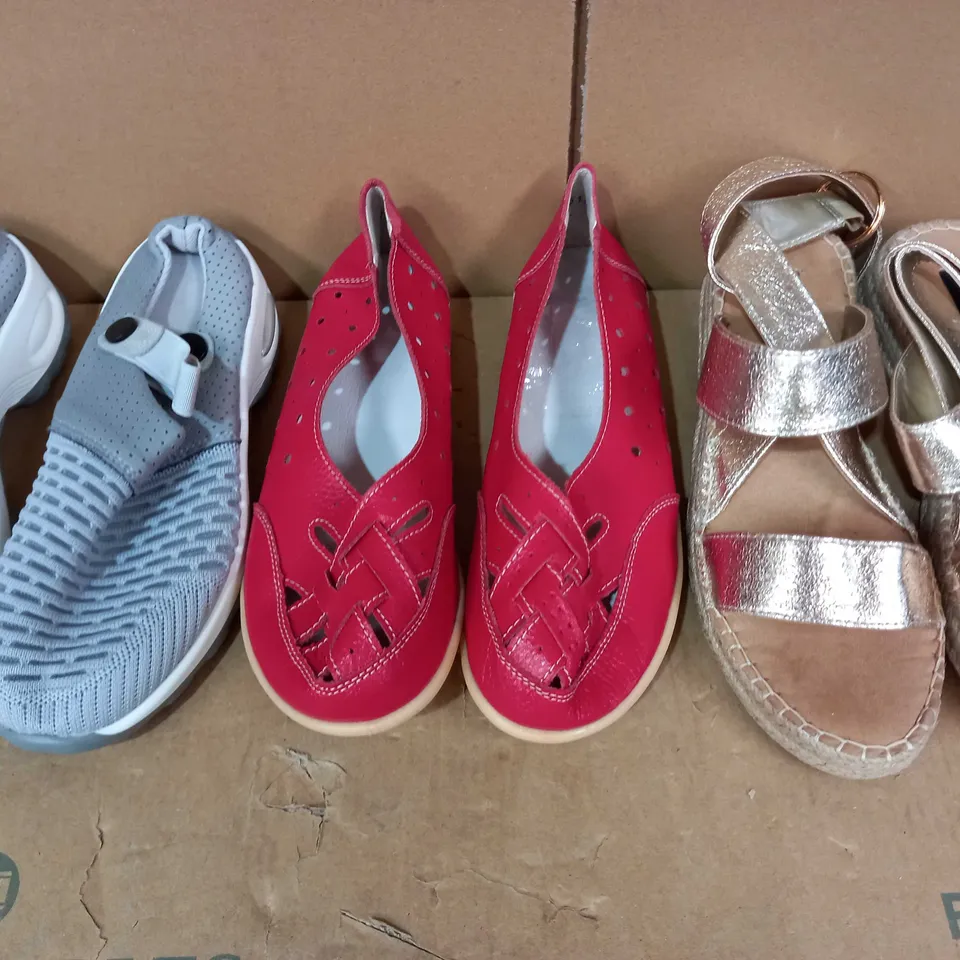 BOX OF APPROXIMATELY 15 ASSORTED PAIRS OF FOOTWEAR ITEMS TO INCLUDE DESIGNER LIGHT SHOES IN GREY EU SIZE 38, DESIGNER SLIP ON SHOES IN RED EU SIZE 41, RIVER ISLAND SANDALS IN GOLD COLOUR UK SIZE 6, ET