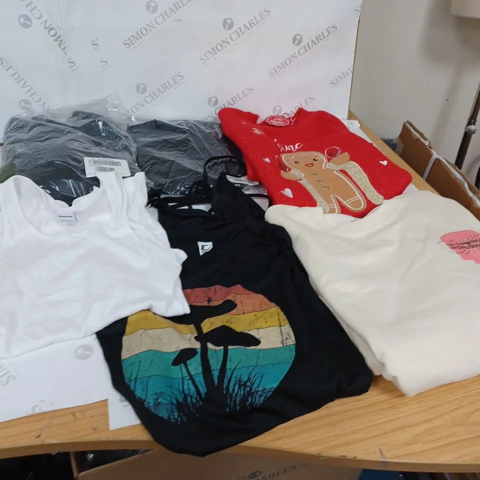 BOX OF ASSORTED CLOTHING ITEMS TO INCLUDE TOPS, VESTS, SWEATERS ETC