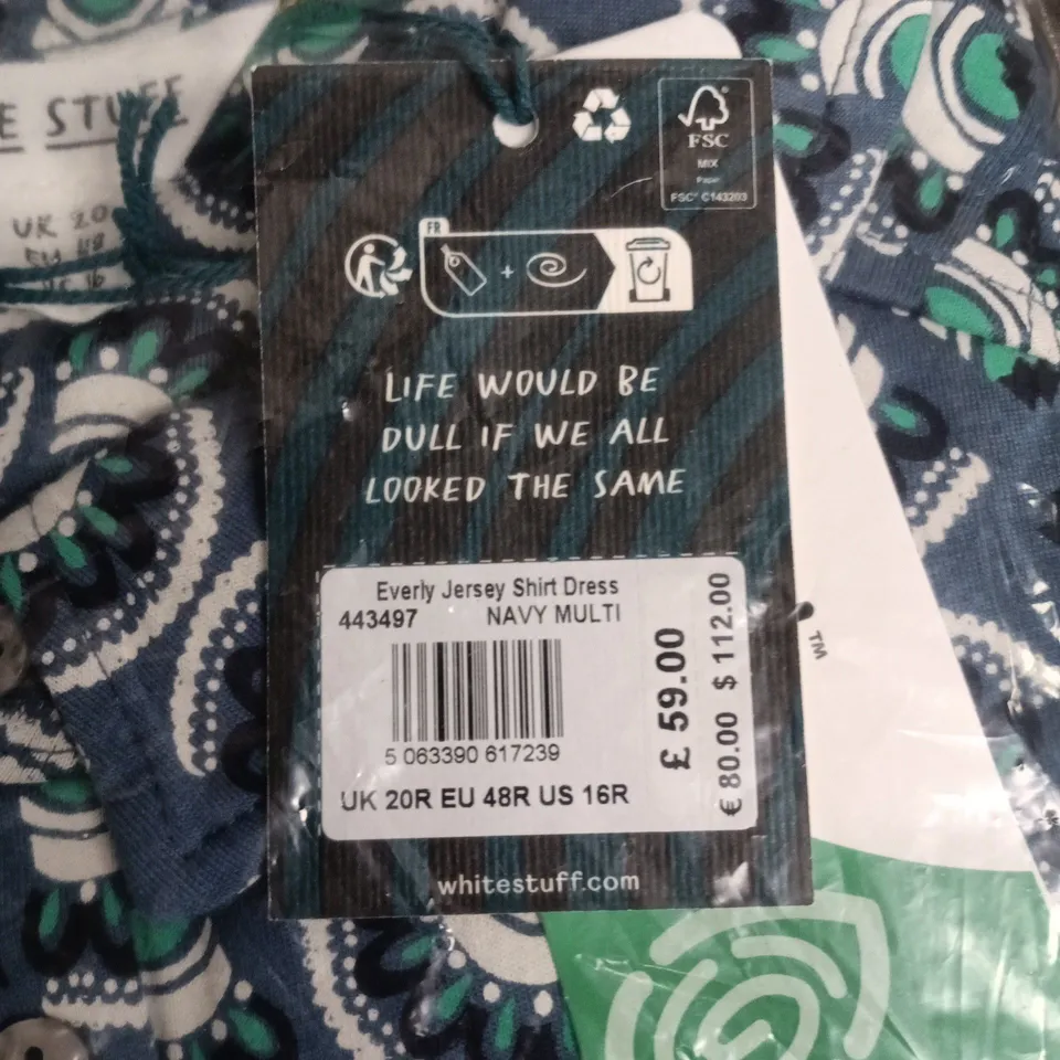 BAGGED WHITE STUFF JERSEY SHIRT DRESS – NAVY MULTI – UK 20R