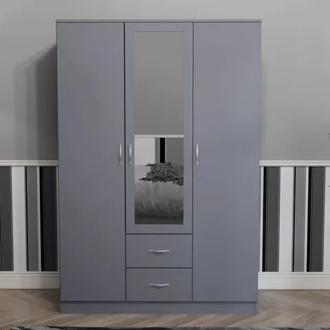 BOXED MAYBERY 3 DOOR 2 DRAWER MIRRORED WARDROBE, WITH SHELF & HANGING RAIL - GREY (3 BOXES)