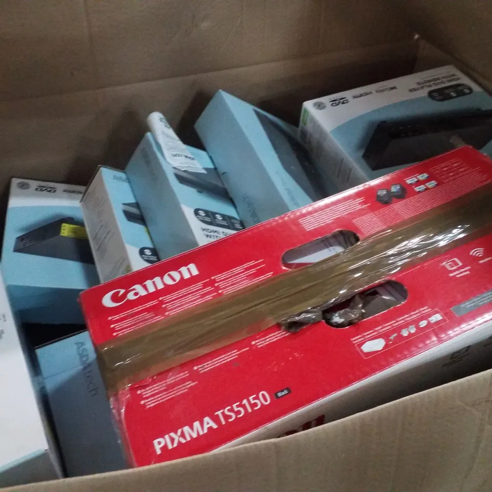 PALLET OF 4 BOXES CONTAINING ASSORTED ELECTRICAL PRODUCTS INCLUDING HDMI DVD PLAYERS, CANON PIXMA TS5150 PRINTER, UNIVERSAL TV REMOTES & WIRELESS EARBUDS 