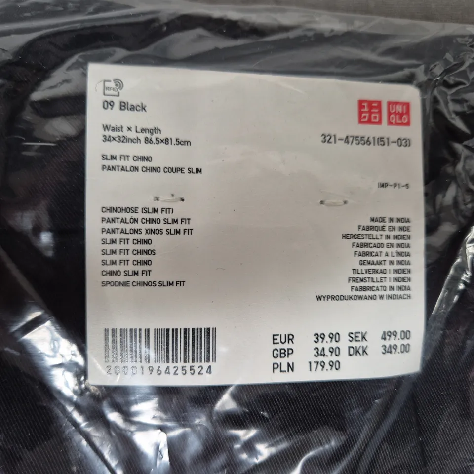 UNIQLO SLIM FIT CHINO TROUSERS, BLACK, UK 34 (34X32)