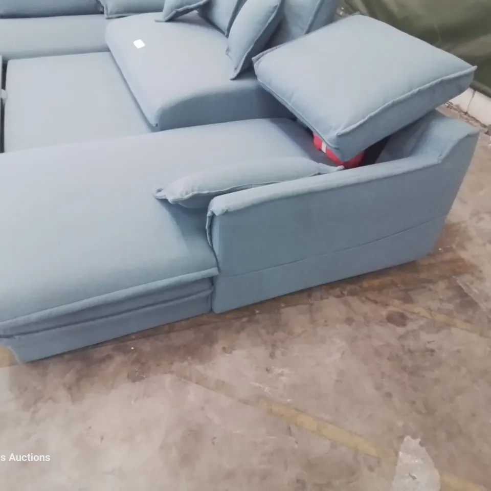 DESIGNER DOUBLE CHAISE SOFA WITH OTTOMAN STORAGE & PULL OUT BED BLUE FABRIC 