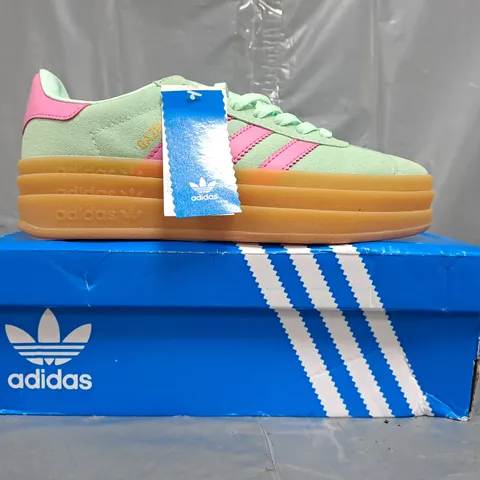 BOXED PAIR OF ADIDAS WOMEN'S GAZELLE BOLD SHOES IN MINT GREEN/PINK SIZE UK 6.5
