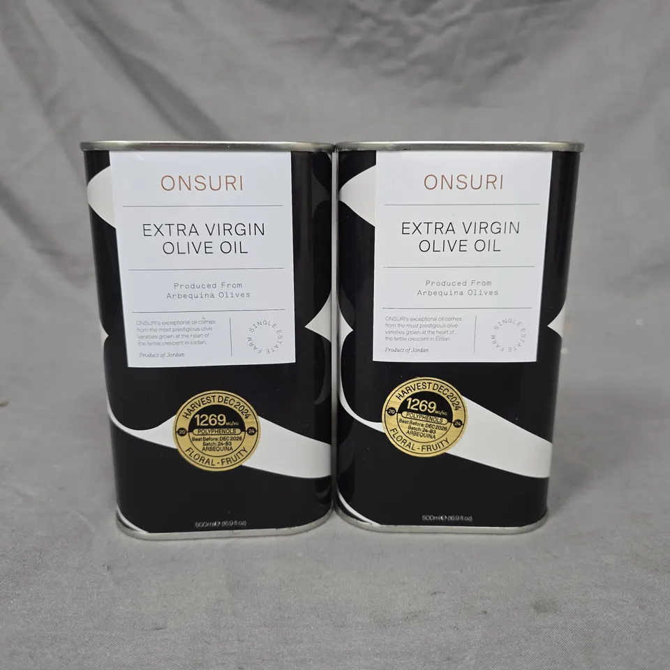 LOT OF 2 ONSURI 500ML TINS OF EXTRA VIRGIN OILVE OIL