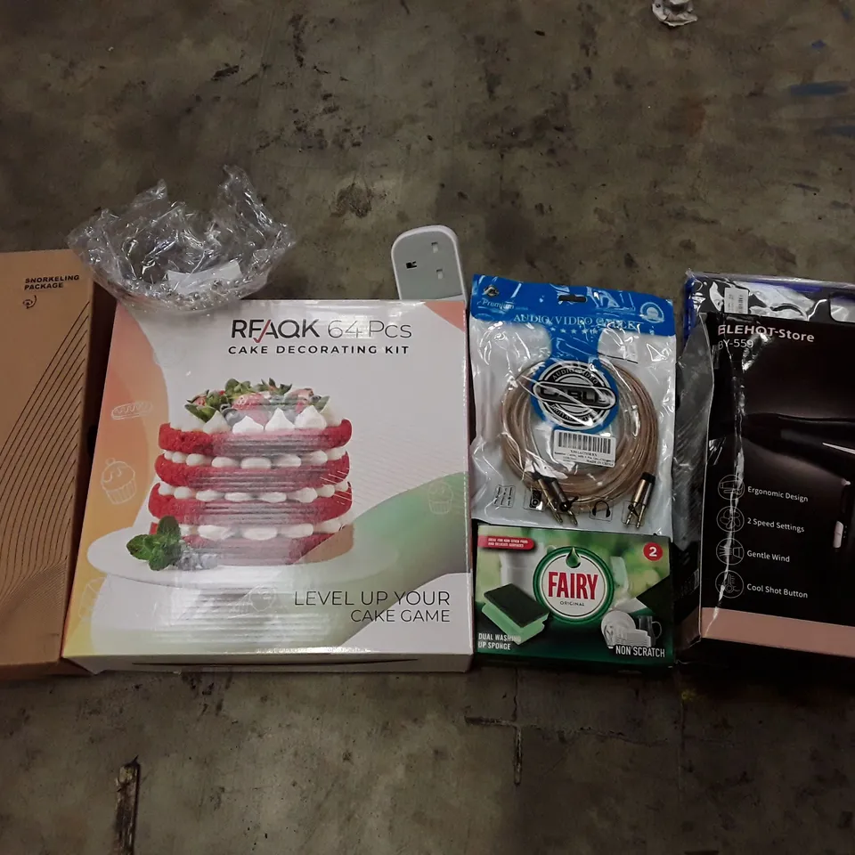 PALLET OF 6 BOXES CONTAINING ASSORTED PRODUCTS INCLUDING HAIR DRYER, SPEAKER CABLE, PHONE CASE, CAKE DECORATING KIT, SNORKLING KIT, FAIRY SPONGE