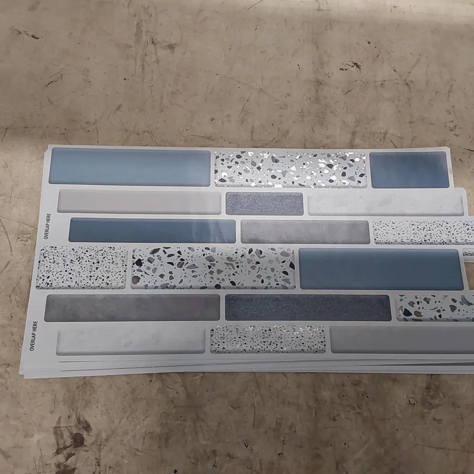 BOXED TERRAZZO 14CM W X 28.5CM SILVER TOUCH BLUE AND GREY MOSAIC WALL TILES // APPROXIMATELY 12 PIECES (1 BOX)