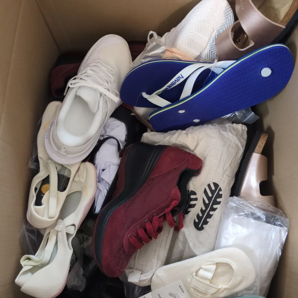 BOX OF APPROXIMATELY 12 PAIRS OF ASSORTED SHOES IN VARIOUS COLOUR, STYLES AND SIZES