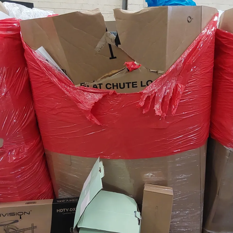 PALLET OF ASSORTED ITEMS INCLUDING: TV ARM MOUNT, MEMORY FOAM MATTRESS TOPPER, ELECTRIC BLANKET, FLOOR MOP, MENS JUMPER