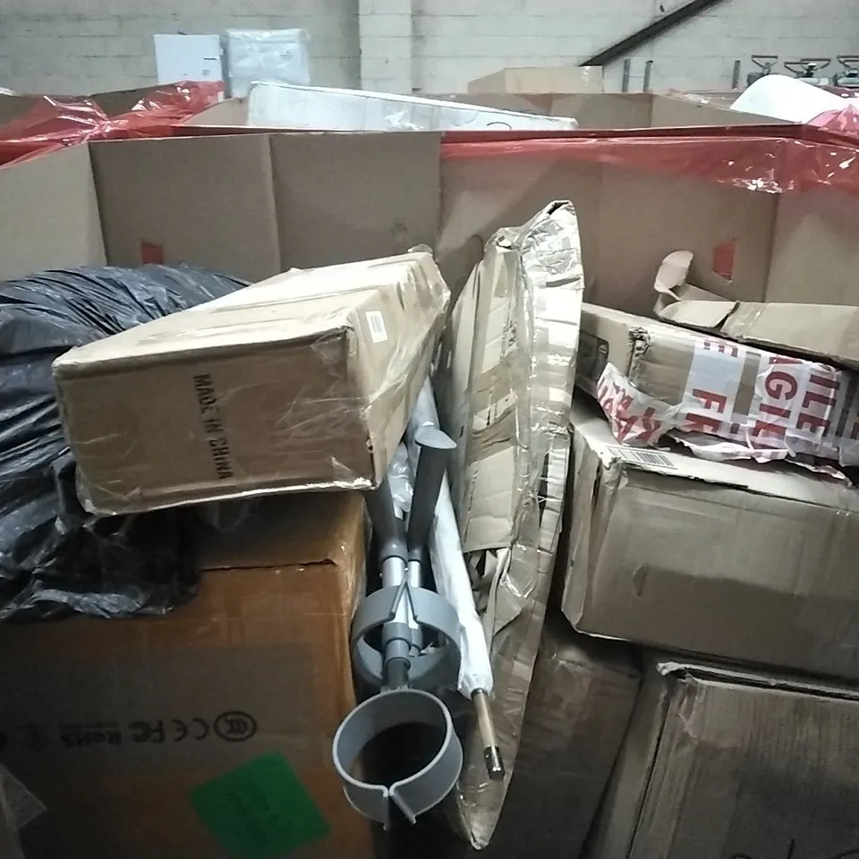 PALLET OF HOUSEHOLD ITEMS TO INCLUDE CLOTHES AIRER, CRUTCHES,UMBRELLA, SHOWER SIDE BAR SET AND OTHER ASSORTED ITEMS...