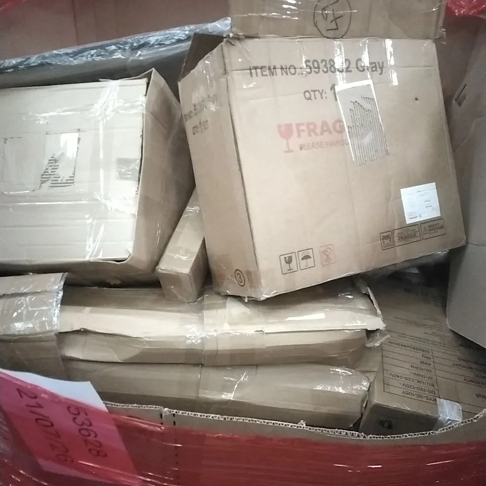PALLET OF ASSORTED HOUSEHOLD GOODS AND PRODUCTS TO INCLUDE; CEILING FAN WITH LIGHT, JUICER, BOXED FURNITURE ETC