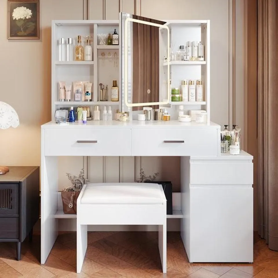 BOXED RORRISON WHITE DRESSING TABLE WITH JEWELLERY CABINET MAKEUP VANITIES (2 BOXES)