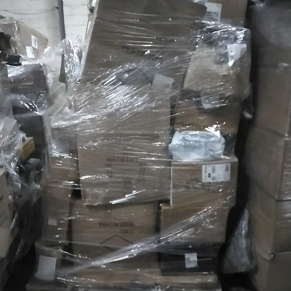 PALLET TO CONTAIN HOUSEHOLD FLAT-PACKED FURNITURE AND HOMEWERE TO INCLUDE; CLOTHES HANGER, MOBILE PHONE AND HORIZONTAL BAR ETC...