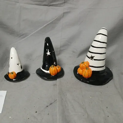 Set of 3 Halloween Cone Hats with Pumpkins – Black, White & Striped, Decorative Figurines