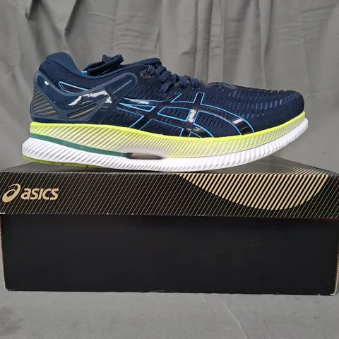 BOXED PAIR OF ASICS METARIDE RUNNING SHOES IN BLUE/LIME UK SIZE 10