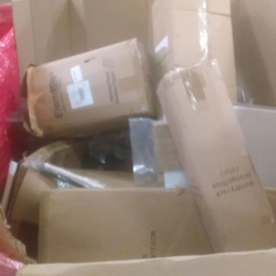 PALLET OF ASSORTED HOUSEHOLD PRODUCTS AND ITEMS, INCLUDING; AIR COOLER, ROLLING STOOLS, BOXED FURNITURE, BLINDS ETC