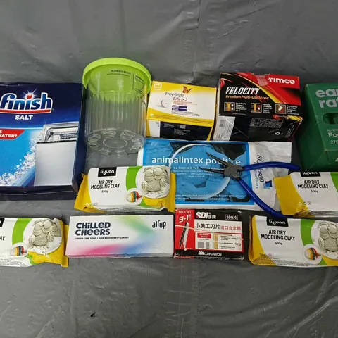 APPROXIMATELY 10 ASSORTED HOUSEHOLD ITEMS TO INCLUDE - FINISH SALT, MODELING CLAY, AND AIR UP CHILLED CHEERS ETC.