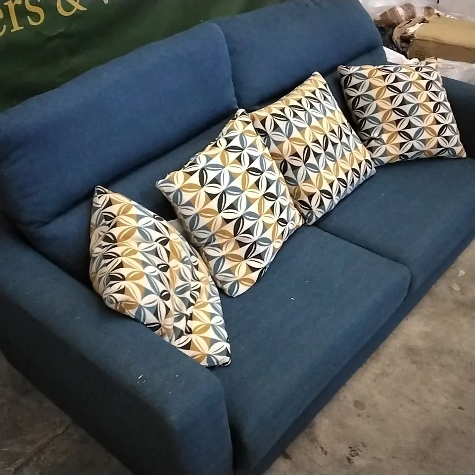 QUALITY DESIGNER NAVY BLUE FABRIC 2 SEATER SOFA WITH SCATTERBACK CUSHIONS