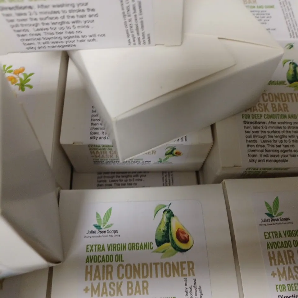 BOX OF APPROX 15 ASSORTED JULIET ROSE SOAPS PRODUCTS TO INCLUDE ARGAN OIL HAIR CONIDITIONER & EXTRA VIRGIN ORGANIC AVOCADO OIL HAIR CONDITIONER/MASK 