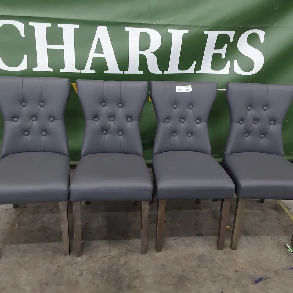 SET OF FOUR UPHOLSTERED BUTTONED BACK DINING CHAIRS GREY PU ON SILVERED LEGS