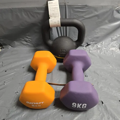 LOT OF 3 ASSORTED WEIGHTS TO INCLUDE - 12KG KETLLEBELL - 9KG DUMBBELL - 8KG DUMBBELL - COLLECTION ONLY