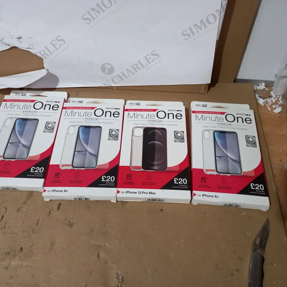 LOT OF 4 TECH 21 MINUTE ONE CLEAR IPHONE XR, IPHONE 12 PRO MAX CASES