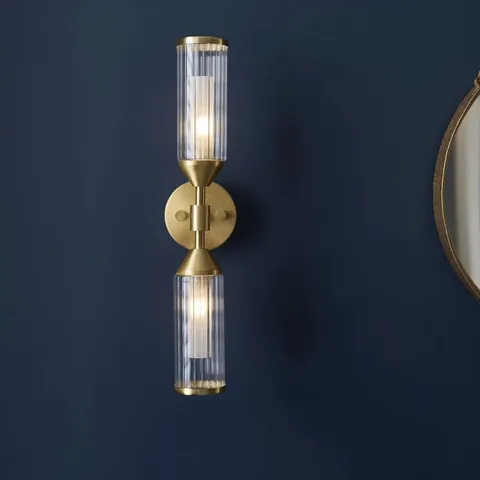 BOXED ENDON 2 LIGHT WALL LIGHT SATIN BRASS PLATE WITH CLEAR & FROSTED GLASS