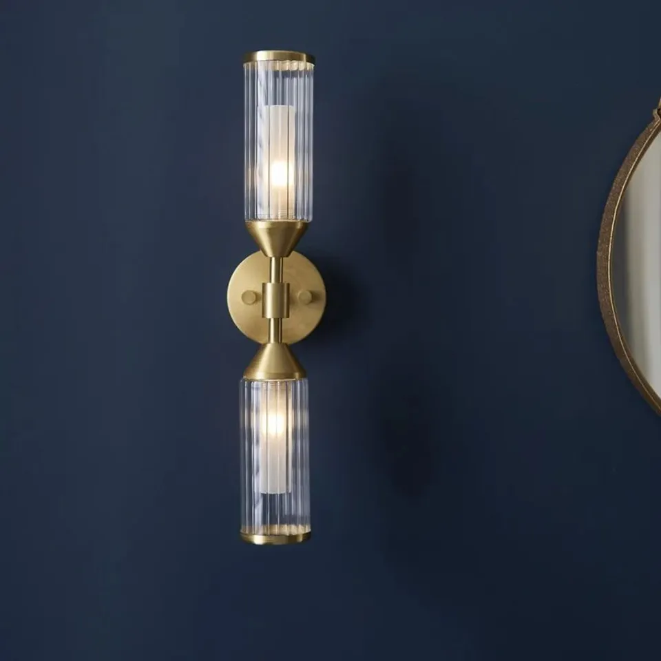 BOXED ENDON 2 LIGHT WALL LIGHT SATIN BRASS PLATE WITH CLEAR & FROSTED GLASS
