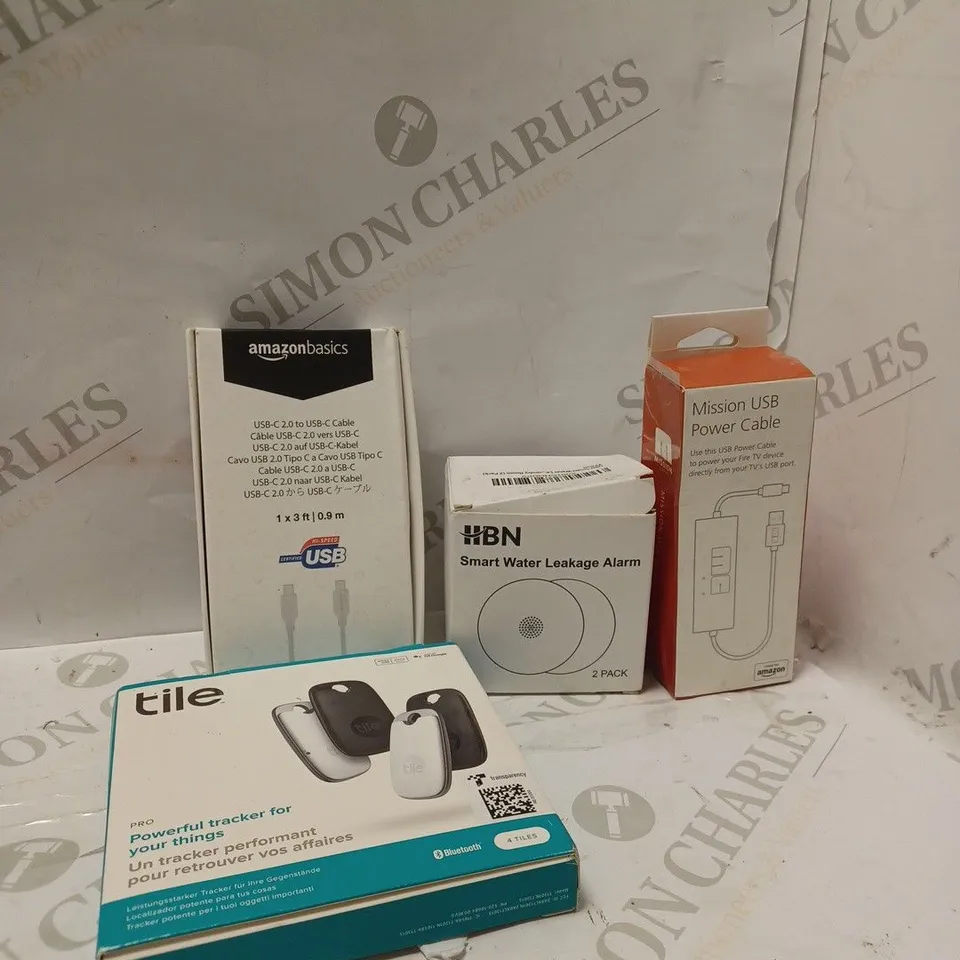 LOT OF FOUR TO INCLUDE SMART WATER LEAKAGE ALARM , MISSION USB POWER CABLE , ETC