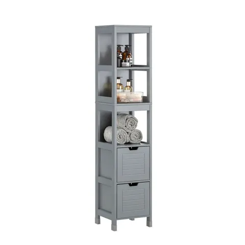 BOXED SOBUY TALL BATHROOM STORAGE CABINET WITH 3 SHELVES AND 2 DRAWERS - GREY (1 BOX)