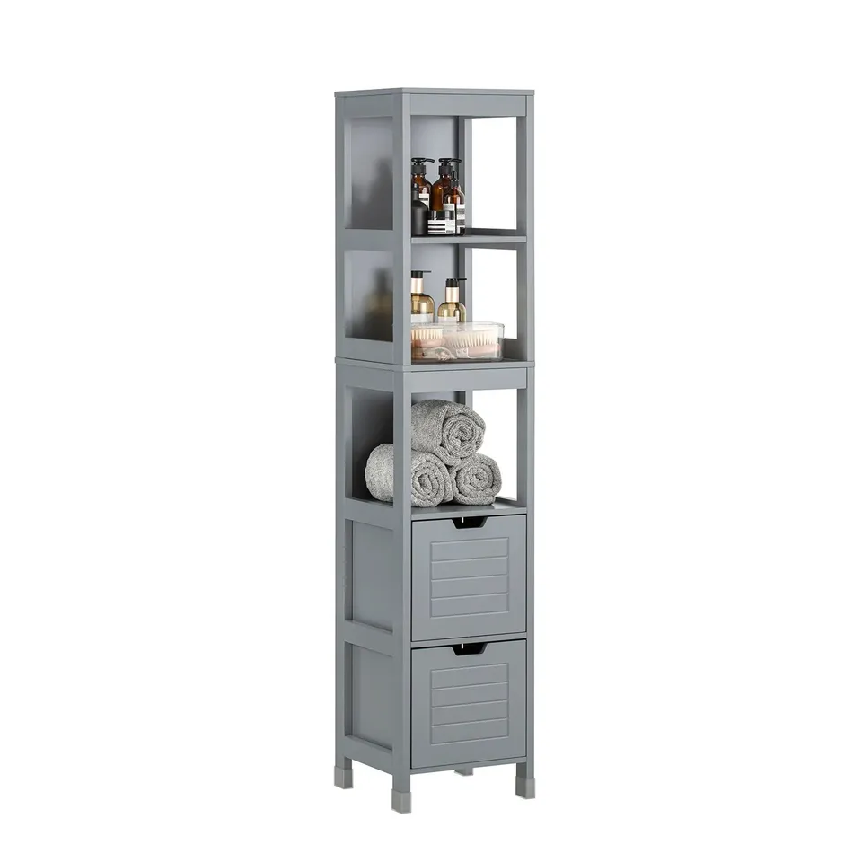 BOXED SOBUY TALL BATHROOM STORAGE CABINET WITH 3 SHELVES AND 2 DRAWERS - GREY (1 BOX)