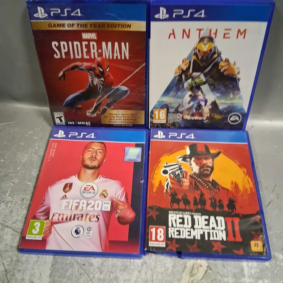 FOUR ASSORTED SONY PLAYSTATION FOUR GAMES TO INCLUDE;FIFA 20, RED DEAD REDEMPTION II, MARVEL SPIDER-MAN AND ANTHEM