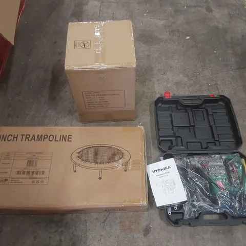 PALLET CONTAINING A VERY LARGE QUANTITY OF ASSORTED ITEMS INCLUDING: HYCHIKA HAMMER DRILL, MINI TRAMPOLINE, RATTAN STANDING PLANTER ECT