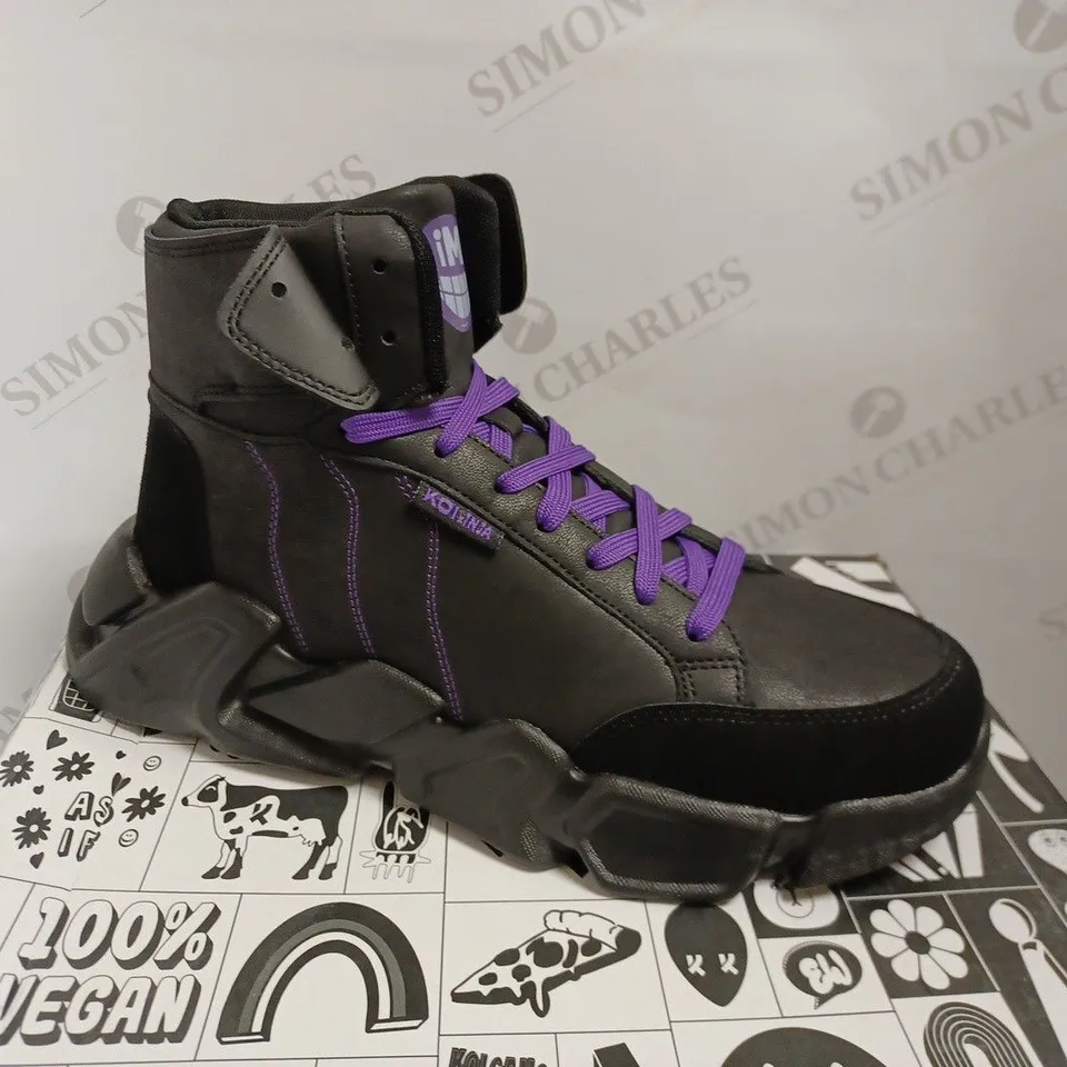 KOI VEGAN HOT STEPPERS HI TOP TRAINERS - BLACK/PURPLE SIZE 9