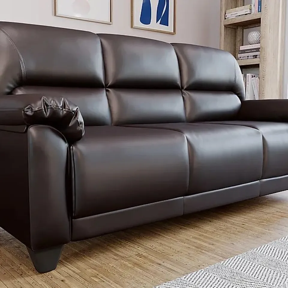 BOXED DESIGNER KENTON BROWN FAUX LEATHER THREE SEATER SOFA 