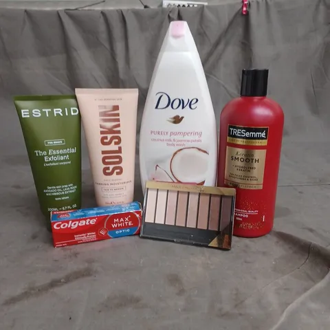 APPROXIMATEY 20 HEALTH AND BEAUTY PRODUCTS TO INCLUDE DOVE PURELY PAMPERING BODY WASH, ESTRID EXFOLIANT AND MAX FACTOR EYESHADOW PALETTE