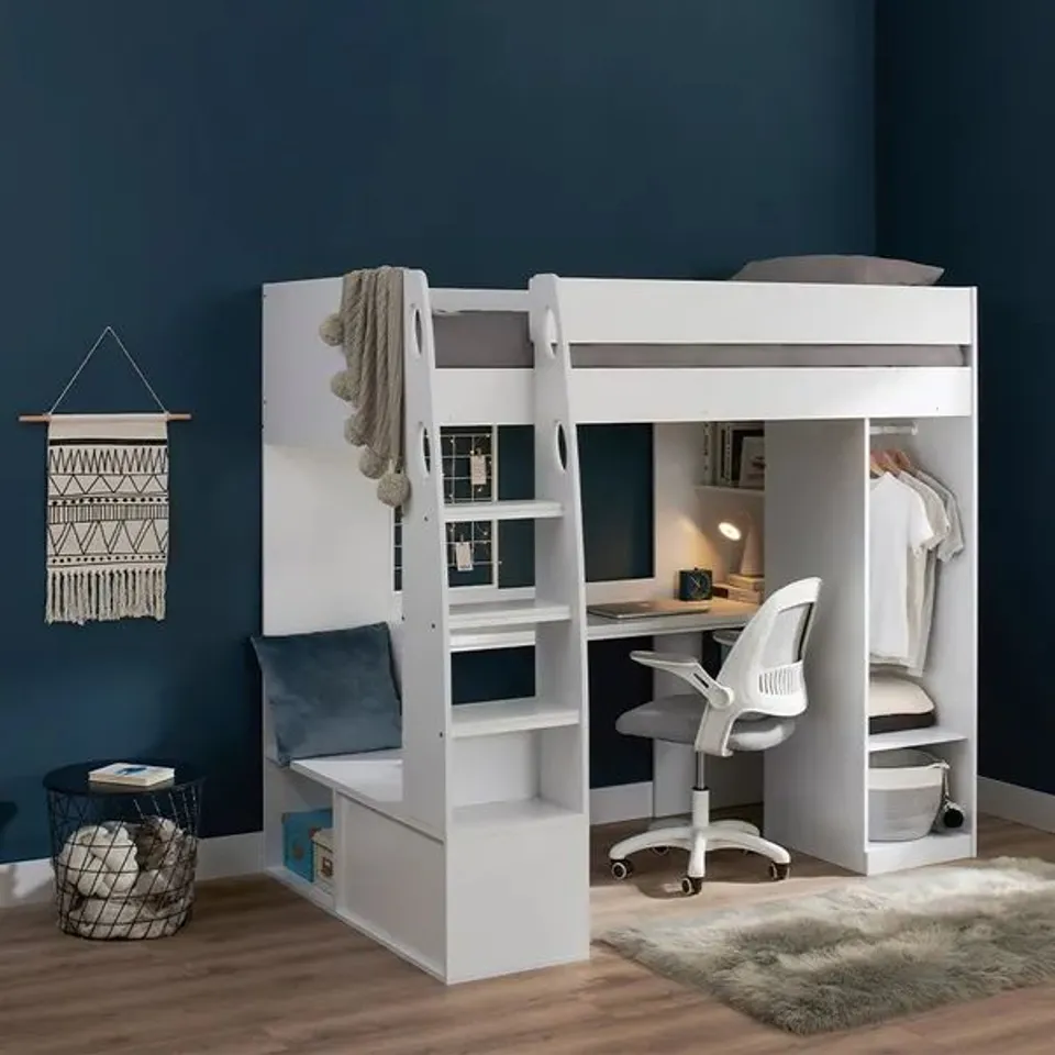 BOXED HARRY HIGH SLEEPER WITH DESK & WARDROBE - WHITE (5 BOXES)